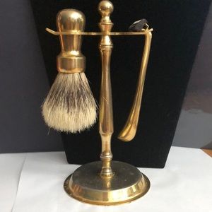 Vintage 3 Pcs Gold Tone Metal Razor Natural Bristle Brush stand Set